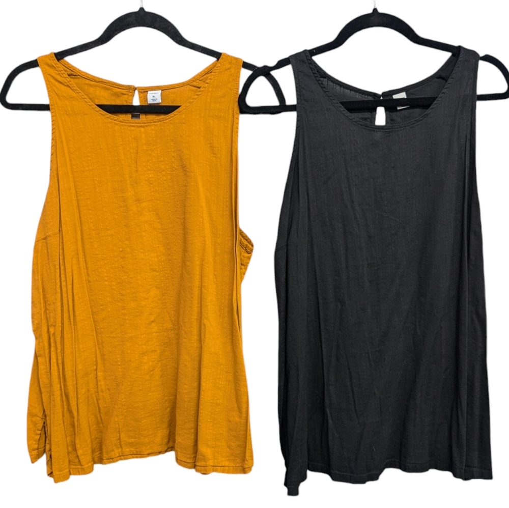 Pair of 2 keyhole back tank tops, mustard yellow / black XL